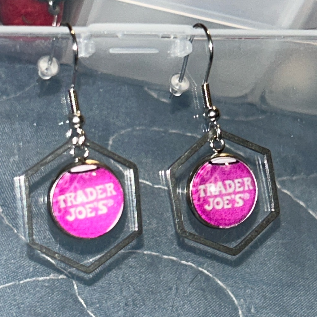 Trader Joes Earrings 12mm Halo Purple Logo 12$